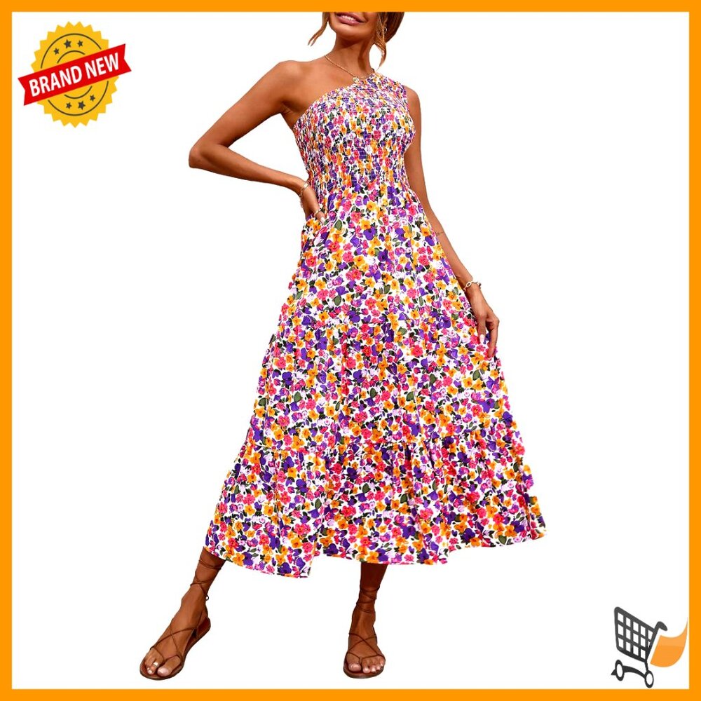 One Shoulder Maxi Dress Sleeveless Smocked Boho Flowy Summer Casual
